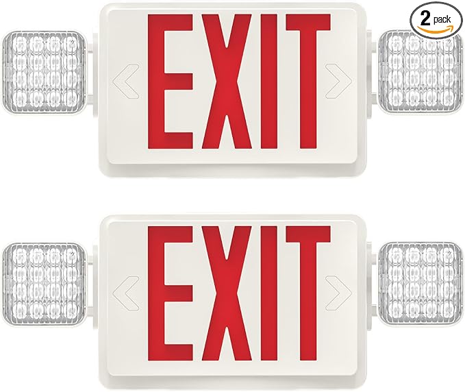 2 Packs LED Red Exit Sign Light Combo with Battery Backup, Red Exit Sign with Emergency Lights, LED Emergency Exit Light with Battery Backup, UL Listed, AC 120/277VC.