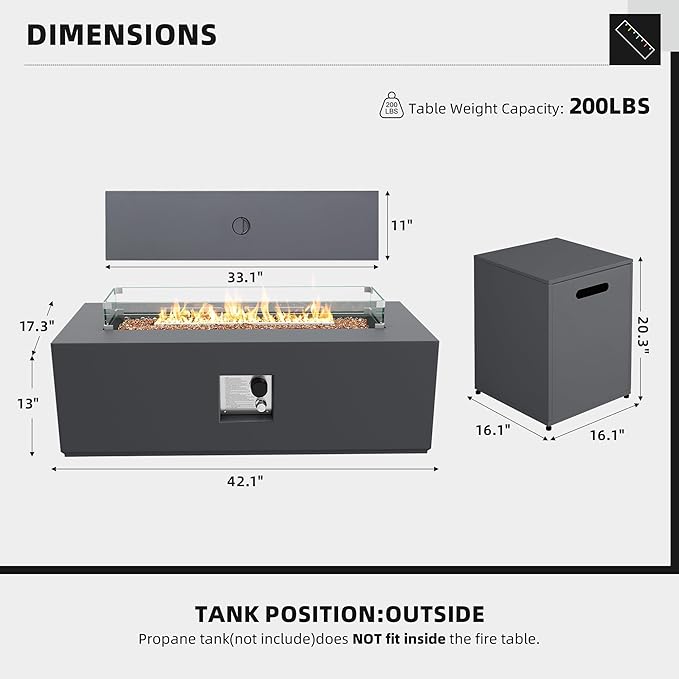 UPHA 42-inch Outdoor Propane Gas Fire Pit Table 50000 BTU Iron Rectangle Firepit for Outside Patio with Tank Hidden Table, Wind Guard, Removable Lid, Gold Glass Rocks, Rain Cover, Dark Grey