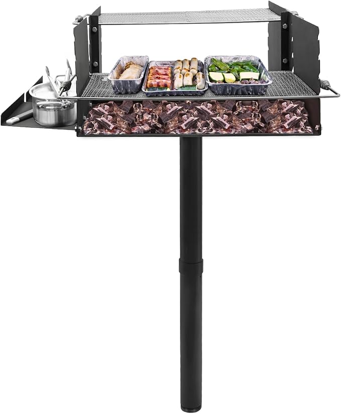 Adjustable Height Large Park Style Grill, Single Post Outdoor Grill, Portable Park Style Charcoal Grill, Camp Grilling Barbecues for Outdoor Barbecues, Parties, Camping.