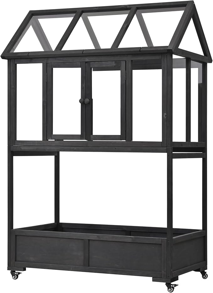 Merax Wood Garden Portable Cold Frame, Flower Plants Shelf with Movable Wheels, Mini Greenhouse with Openable Roof and Storage Box, Black