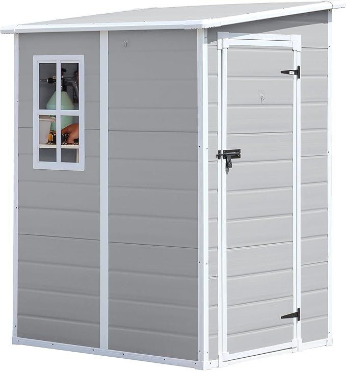 CDCASA 5x4 FT Resin Storage Shed, Waterproof Sheds & Outdoor Storage with Floor & Window & Lockable Door, Tool Shed for Garden, Patio, Backyard, Light Grey