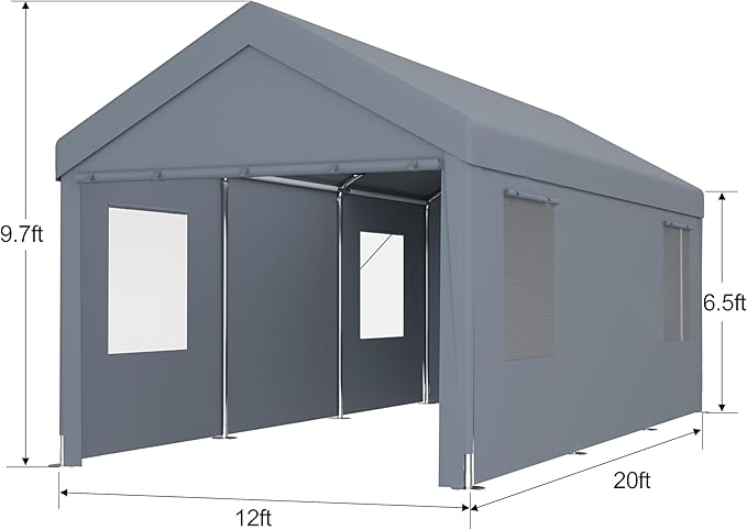 Carport 12x20 Ft Heavy Dut Car Port Canopy, Portable Garage with Removable Sidewalls & Doors for Car, Truck, Boat, Garden Tools (Grey)