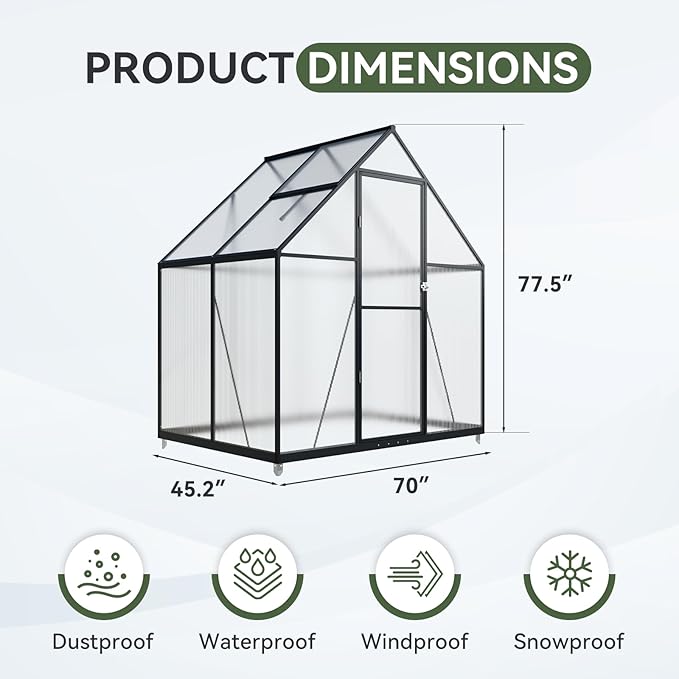 AOXUN 4x6 FT Outdoor Greenhouse, Polycarbonate Greenhouse with Aluminum Frame, Walk-in Green House with Roof Vent, Ground Nails, Lockable Door for Garden Backyard, Patio, Lawn,Quick-Installation
