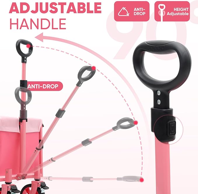 Wagon with Brakes, Foldable Cart with 220LBS Capacity, Utility Lightweight Wagon, Collapsible Grocery Shopping Cart for Camping Sports & Holiday.Pink