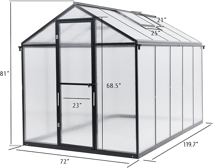 BPS 6' x 10' Walk-in Polycarbonate Greenhouse with Heavy-Duty Aluminum Frame, 2 Vent Windows & Lockable Door for Outdoor, Patio, Backyard, and Garden Use