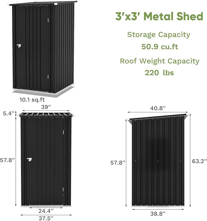 Patiolife 3 x 3 FT Metal Storage Shed, Small Patio Tool Shed with Sloping Roof & Lockable Door, Outdoor Garden Steel Shed for Backyard, Lawn, Easy-Assembly Black