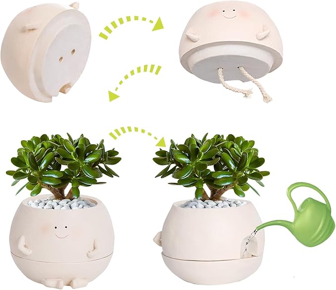 Self Watering Plant Pot 4 Inch Cute Smile Face Planter Pot for Indoor Outdoor Plants with Drainage Hole Unique Flower Pots for Succulent/Herbs/Violets