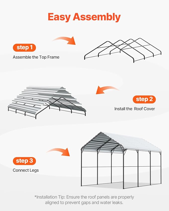 VEVOR Heavy Duty Metal Carport, 10' x 15' Outdoor Carport with Galvanized Steel Frame & Roof, Car Tent Garage Shade with Removable Sidewalls, Multi-Use Car Shelter for Pickup, Boat, Car & Tractors