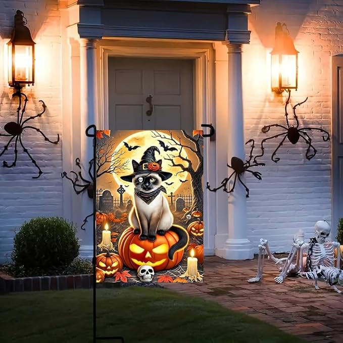 Happy Halloween Garden Flag Double Sided 12x18 Halloween Pirate Witch Cat Garden Flag Graveyard Full Moon Pumpkin Flag Holiday Outside Decorations Banner