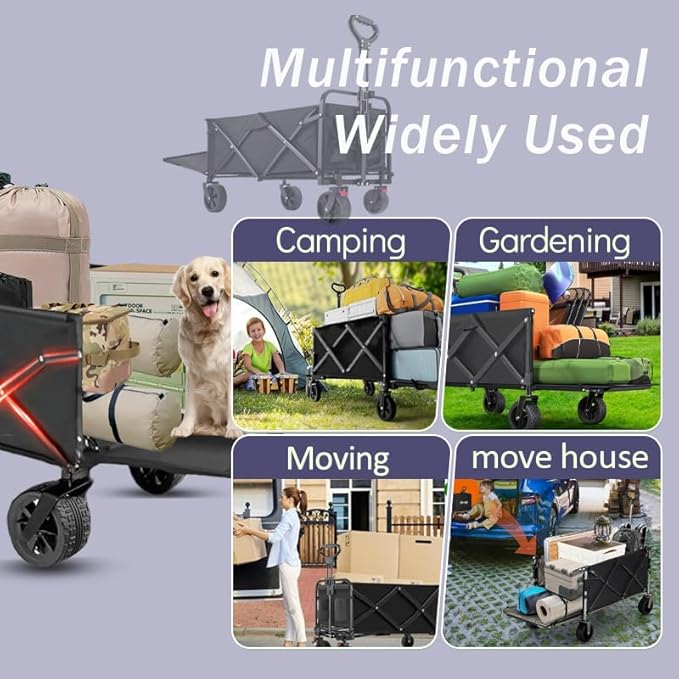240L Capacity Foldable Wagon with Brakes, 49" Extra Long Extender Wagon Cart 460lbs Heavy Duty Collapsible Utility Cart with All-Terrain Big Wheels for Camping, Shopping, Beach