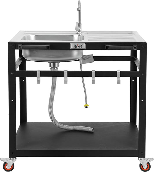 35” Outdoor Grill Cart with Sink, Outdoor Kitchen Sink Station with Hose Hook Up, Free Standing Sink with Wheels, Stainless Steel Sink with Single Bowl, Outdoor Utility Sink with Faucet