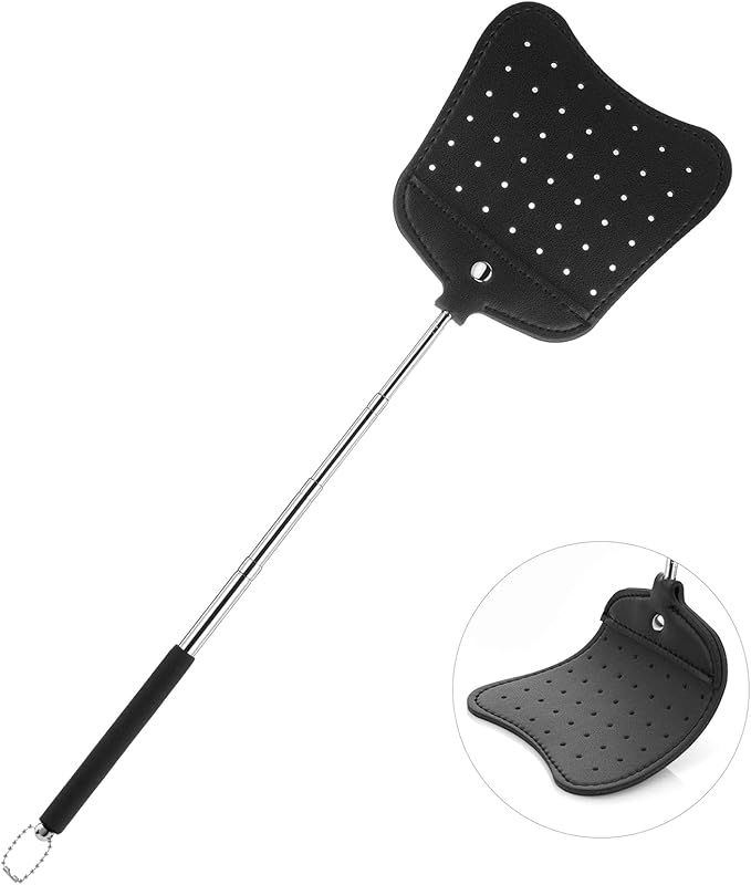 Foxany Leather Fly Swatter, Telescopic Heavy Duty Fly Swatters, Flexible Manual Flyswatters Set, Extendable Swatter with Stainless Steel Long Handle for Indoor Outdoor