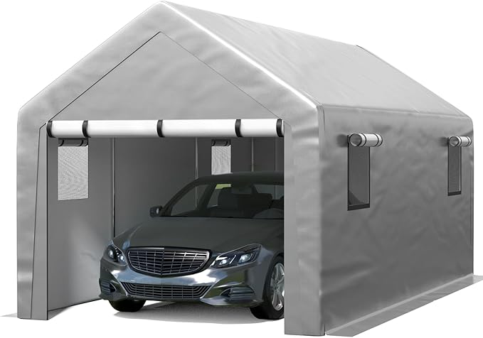 Carport 10x20 ft Heavy Duty with Roll-up Windows, Portable Garage with Removable Sidewalls & Doors, Car Canopy with Sandbags All-Season Tarp for Car Boat Truck Motorcycle