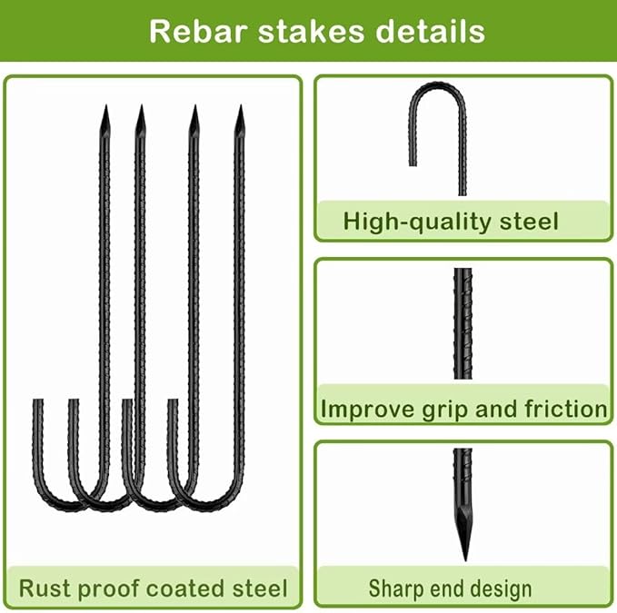 Rebar-Stakes-12-Inch, Ground Stakes Heavy Duty J-Hook Black Coated Anti-Rust Heavy Duty Ground Anchors for Garden Dog Fence Chicken Coop Christmas Decorations Deer Fence 8pcs