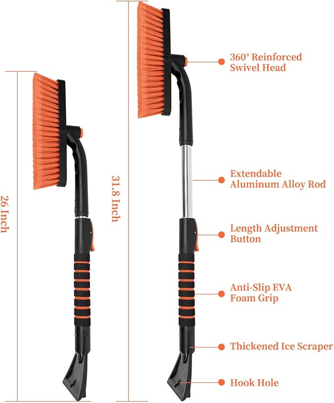 SEAAES Ice Scraper with Snow Brush for Car Windshield, Upgraded Extendable Snow Brush with Foam Grip for Truck SUV Vehicle Windows - Orange