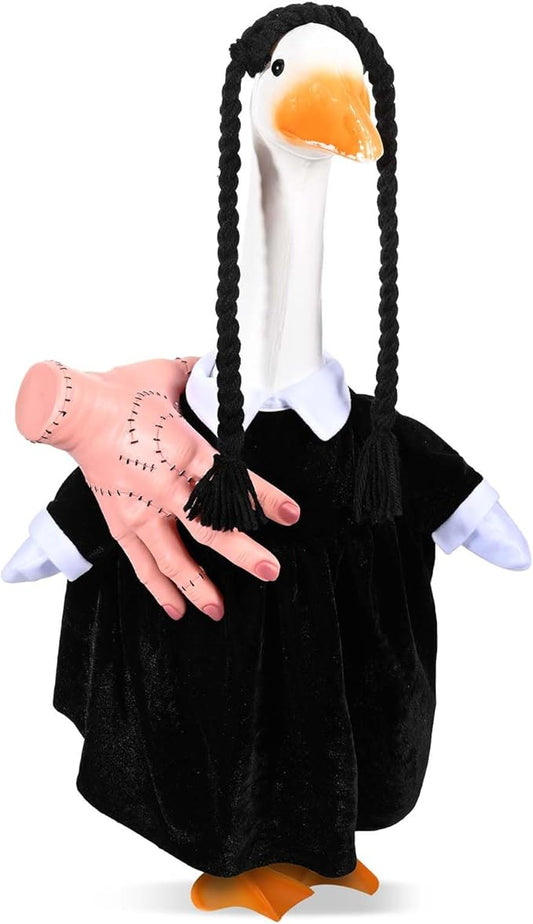 Teemico Halloween Porch Goose Outfits Lawn Goose Clothes Fits 23" Cement Plastic Goose Statue Black Dress Fake Hand Braid Wig for Halloween Outdoor Garden Yard Patio Decor
