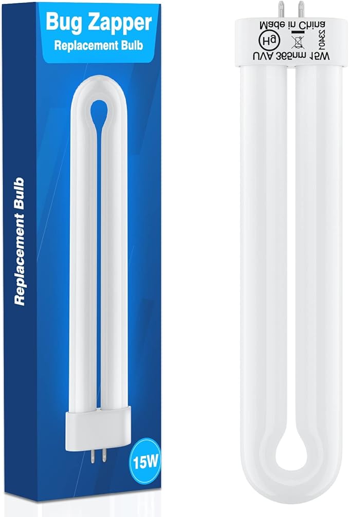 Replacement Bulb for T9, T6, K15 Bug Zapper, 15W, 4-Pin Base, U-Shaped Twin Tube Bulb