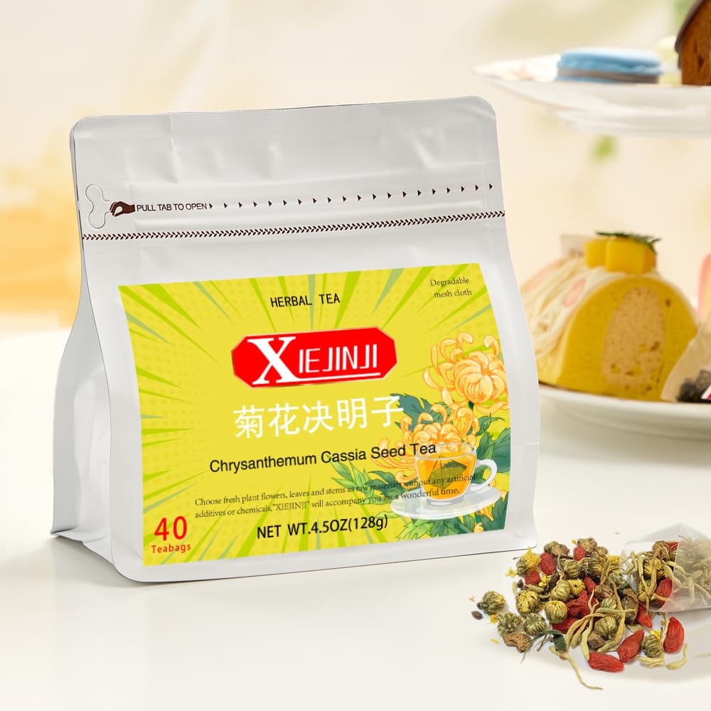 XIEJINJI Chrysanthemum Cassia Seed Tea Bags, 40 Count, Burdock Root, Goji Berry, Honeysuckle, Osmanthus Combination Herbal Tea, Eco-Conscious Packaging