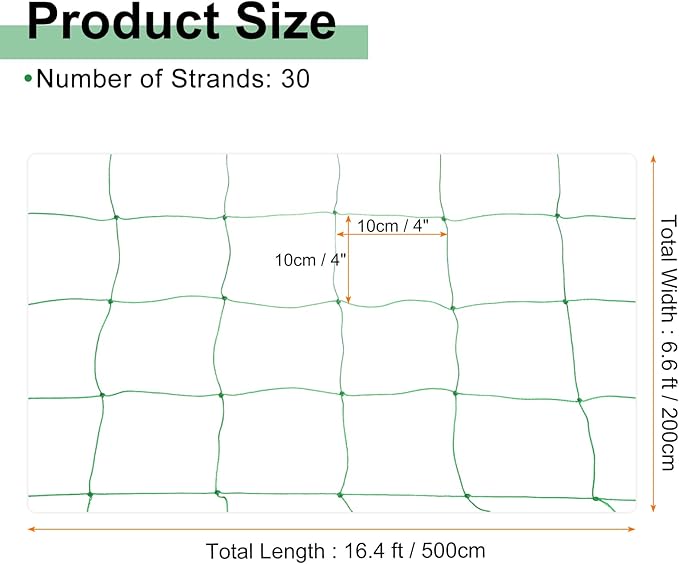 HARFINGTON Trellis Netting for Climbing Plants 6.6 x 16.4ft 30 Strands Heavy Duty Garden Trellis Netting Polyethylene Plant Support Net with 4" x 4" Mesh for Fruits Vegetables Cucumber