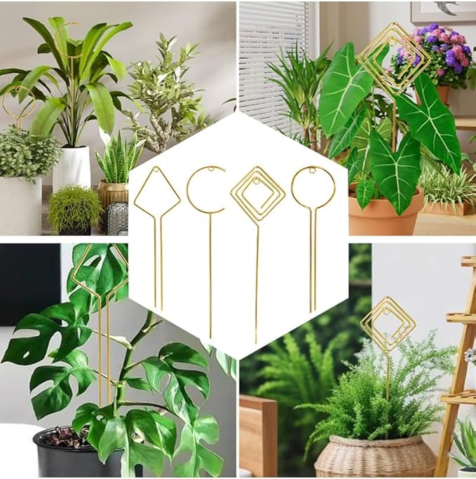 Plant Climbing Support - 4 Pack Small Metal Trellis for Climbing Plants Indoor, 15.7 Inch Indoor Plant Trellis with Different Patterns, Vine Plant Support for Flower Pothos (Gold)