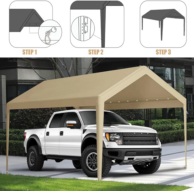 Rutile 10 x 20 FT Carport Replacement Cover, Heavy Duty Car Tarp Canopy Tent Garage Top Shelter Cover with Fabric Leg Pole Skirts and Ball Bungees Beige (Only Top Cover, Frame is not Included)
