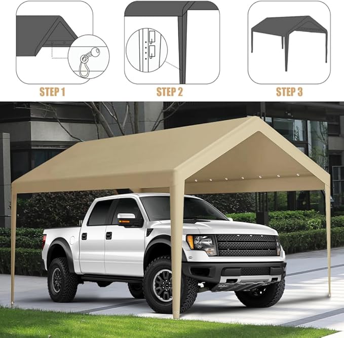 Carport Replacement Canopy, Replacement Top Cover for 12' x 20' Carport Frame, 180G PE Fabric Waterproof & UV Protected Tarp with Ball Bungees, Beige (Only Top Cover, Frame is not Included)