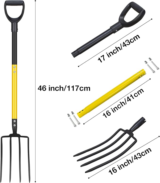 Pitchfork, Steel Tines, Manual Hay Fork, Pitchforks for Gardening Digging Composting Spading,4Tines Garden Fork witn Fiberglass Handle,46Inches (Black)