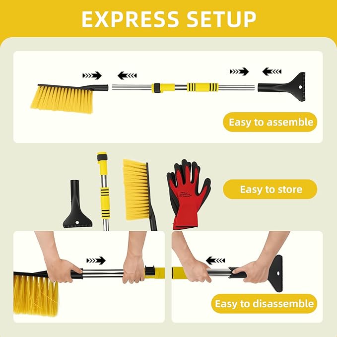Telescoping Car Snow Brush & Ice Scraper - Detachable Handle, Extra Wide Bristles, Foam Grip - Portable Vehicle Snow Tool