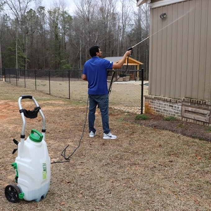FlowZone Monsoon 2.5 Battery Powered Backpack Sprayer - Variable-Pressure 5-Position Wheeled Lawn Sprayer - 9 Gallon