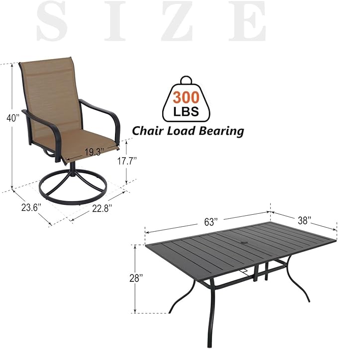 7-Piece Outdoor Dining Set, 6 Swivel Chairs＆63.5‘’ Rectangular Table All Weather Frame Furniture Set - Brown Style2