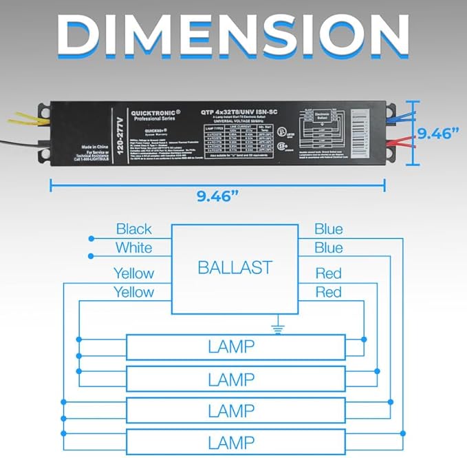 OHLECTRIC Replacement for Sylvania Ballast QTP4X32T8/UNV ISN-SC, Philips ICN-4P32-N, Keystone KTEB-432-UV-IS-N-P, for 4 Fluorescent T8 Lamps - 120-277V - 32 Watt