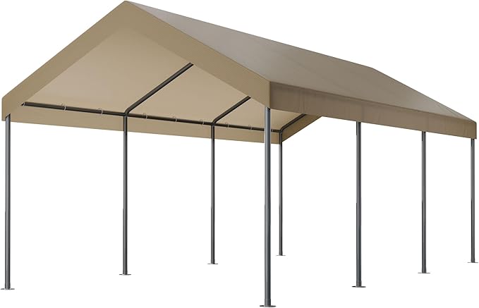 Shintenchi 10x20ft Heavy Duty Carport with UV Resistant Canopy, Powder-Coated Steel Frame, Easy to Assemble Portable Garage, Stable Carport for Car, Bike, Camp, Outdoor Storage (Khaki)