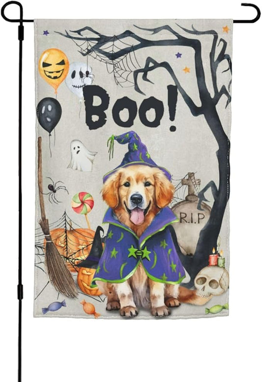 Golden Retriever Dog Halloween Boo Pumpkin Garden Flag Welcome Party Outdoor Outside Decorations Picks Home House Garden Yard Decor 12x18 Inch