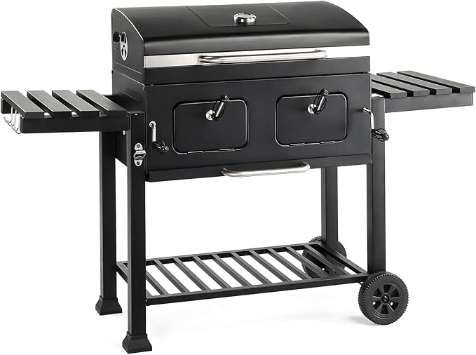 ROVSUN Charcoal Grill with Two Side Tables, Extra Large Cooking Area, Two Individual Lifting Charcoal Trays, Pull-out Ash Tray, Perfect BBQ Grill for Outdoor Picnic, Black