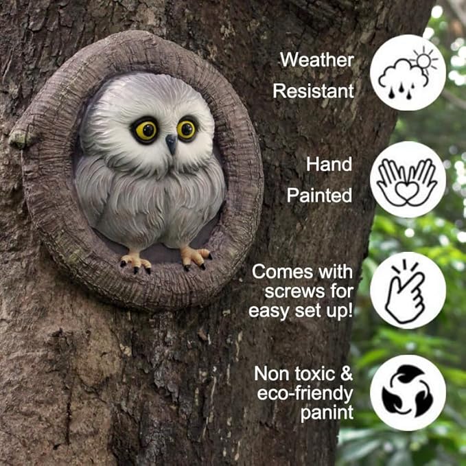 Baby Owl Resin Tree Faces, Whimsical Owlet Hugger Sculpture, Outdoor Garden Ornament for Yard Lawn Patio Porch, Tree Decor Unique Garden Gift, Durable Waterproof Resin Statue