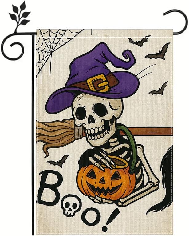 Halloween Garden Flag 12x18 Inch Skeleton Pumpkin Witch Hat Boo Yard flag Double Sided Outdoor Porch Patio Lawn Party Decoration for Fall Holiday Birthday