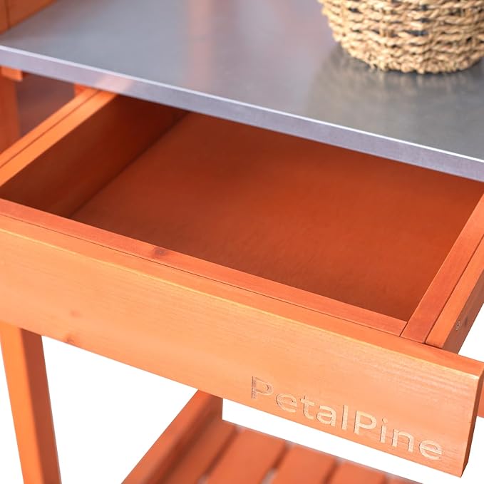 Outdoor Potting Bench & Wooden Gardening Work Station Planting Table with Metal Tabletop, Drawer, Storage, and Hooks
