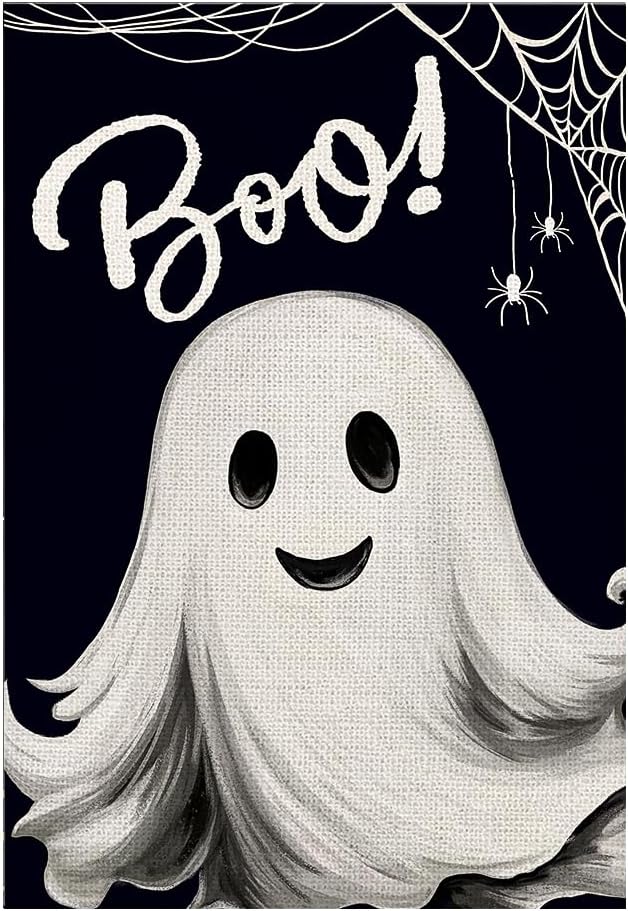 Halloween Ghost Garden Flags for Outside 12x18 Double Sided Burlap, Spooky Boo Sign Welcome Small Flag Farmhouse Holiday Yard Lawn Outdoor Decorations DF886