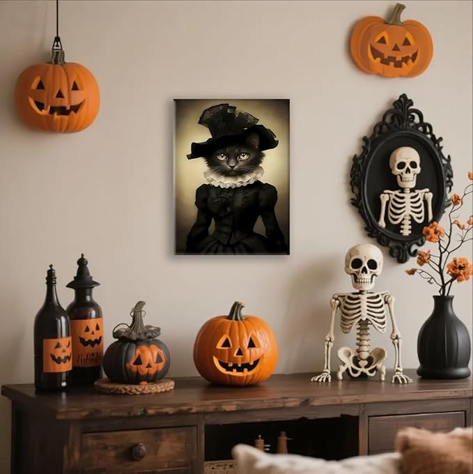 Jatinoo Gothic Black Lady Cat Wall Art - Dark Academia Framed Canvas Print for Witchy Home, Goth Bathroom & Office Decor, Vintage Halloween Cat Lover Gift (11.5x15 Inch)