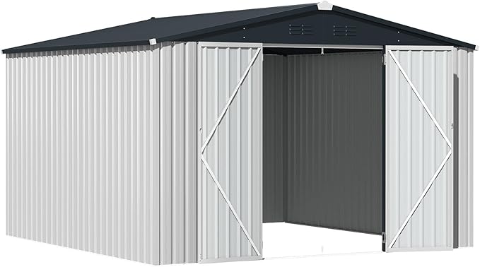 AECOJOY Shed 12' x 10' Storage Shed Large, Sheds & Outdoor Storage Clearance 10x12 Sheds with Lockable Doors, Utility and Tool Storage Shed for Garden, Backyard, Patio, Outside use in White