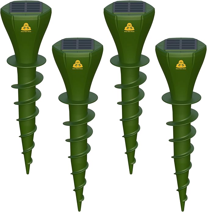 Mole Repellent Solar Powered 4 Pack, Snake Vole Repellent Outdoor, IP65 Waterproof Snake Deterrent Gopher, Waterproof Sonic Mole Spikes for Lawn and Garden, Get Rid of Moles, Groundhogs, and Rodents