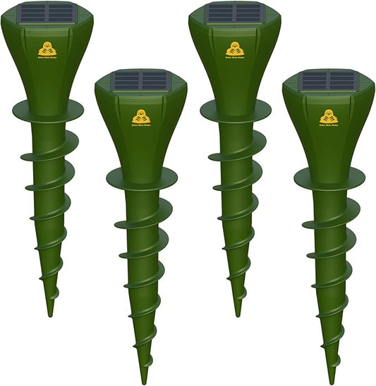Mole Repellent Solar Powered 4 Pack, Snake Vole Repellent Outdoor, IP65 Waterproof Snake Deterrent Gopher, Waterproof Sonic Mole Spikes for Lawn and Garden, Get Rid of Moles, Groundhogs, and Rodents