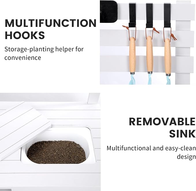 Kids Potting Bench Table Outdoor Garden Table Wooden Work Station Outdoor Garden Work Bench Platform with 3 Side Hook Shelf Natural Wood White Grey Gift for Boys Girls