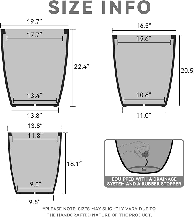 Kante 18.1",20.5",22.4" H Tall Round Concrete Planters Set of 3, Outdoor Indoor Modern Decorative Plant Pots with Drainage Hole & Rubber Plug for Home & Garden Charcoal