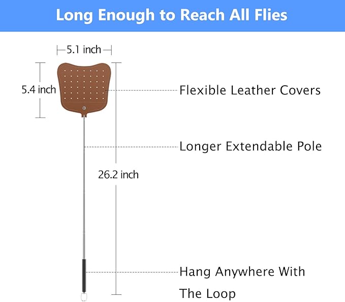 Foxany Leather Fly Swatter, Telescopic Fly Swatters Heavy Duty, Flexible Manual Flyswatters Set, Extendable Swatter with Stainless Steel Handle for Indoor Outdoor
