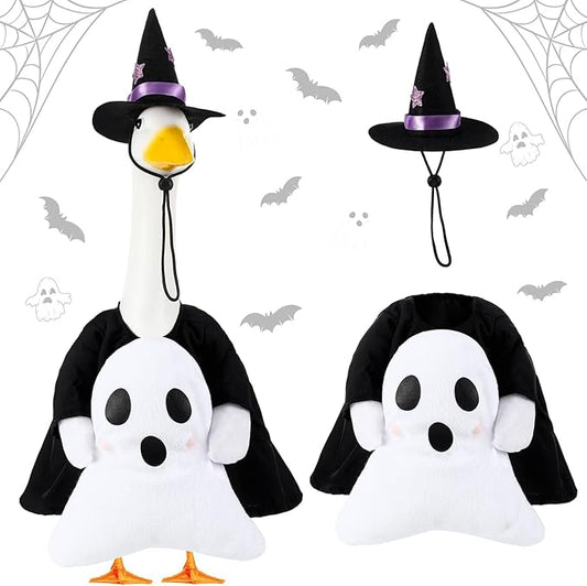 Sanwuta 1 Set Halloween Porch Goose Outfit Ghost Pillow Design with Witch Hat for 23" Lawn Cement Goose Porch Geese Clothes Costume for Halloween Garden Patio Yard Outdoor Decorations