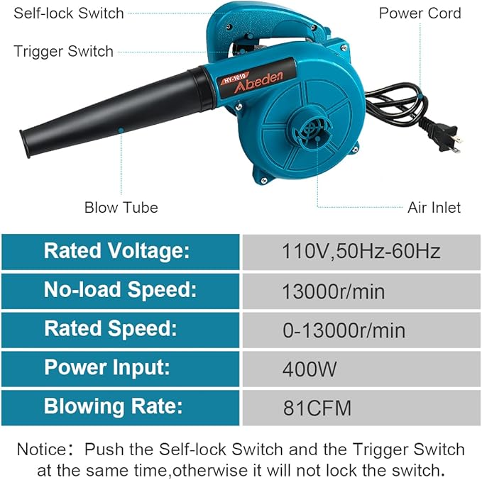Corded Electric Leaf Blower,2 in 1 Small Handheld Lightweight Sweeper/Vacuum,110V 400W Portbale Blower for Leaf/Snow/Dust Blowing (Blue)