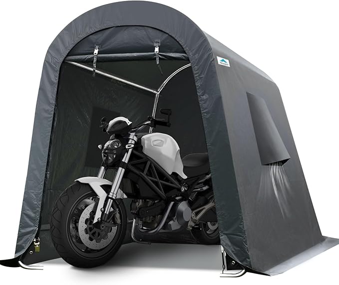 ADVANCE OUTDOOR 6x8 ft Shelter Storage Shed Steel Metal Round Peak Roof Portable Garage Carport for Motorcycle, Boat, or Garden Tools with 2 Roll up Doors & Vents, Gray