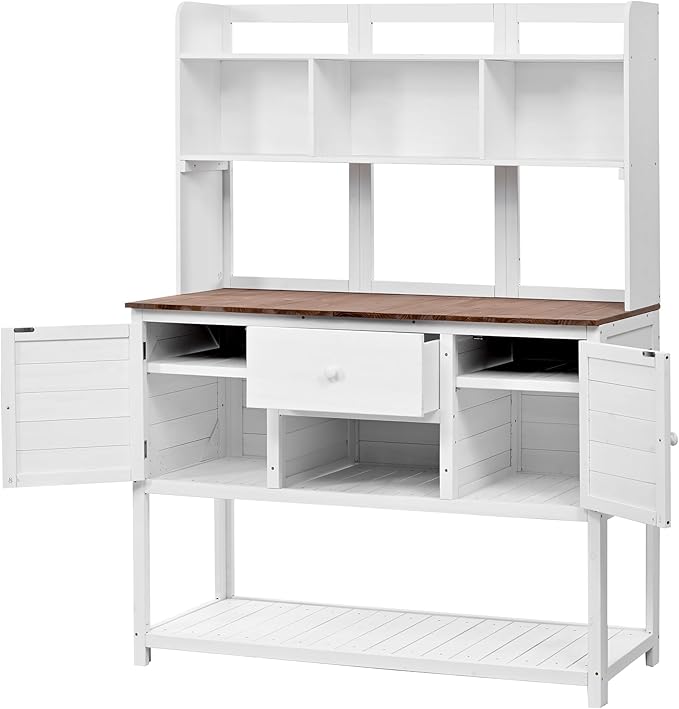Outdoor Wooden Potting Bench Table – Farmhouse Garden Workstation with Drawers, Cabinet & Storage Shelves, Large Fir Wood Work Table for Patio, Backyard, Mudroom, Greenhouse (White & Brown, 66'' H)