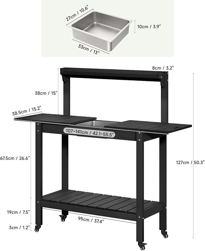 HDPS Outdoor Potting Bench with Sliding Tabletop/ 4 Wheels/Removable Sink, All-Weather Outside Garden Work Table, No Rust/Fade/Break, Potting Station for Porch, Patio & Backyard (Black)